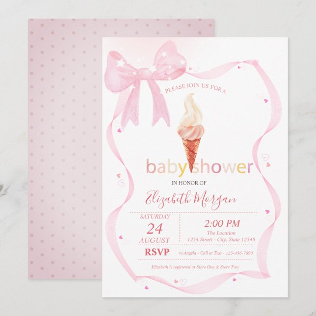 Invitation Aquarelle Bow rose crème glacée Baby shower points (Devant / Derrière)