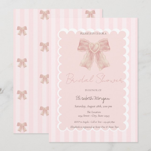 Invitation Aquarelle Bow rose Fête des mariées rayée (Devant / Derrière)