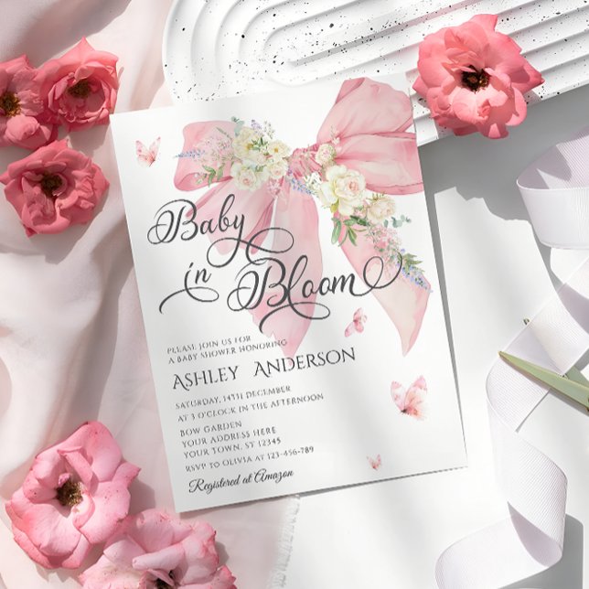 Invitation Aquarelle Bow rose Pastel Baby shower Floral (Créateur téléchargé)