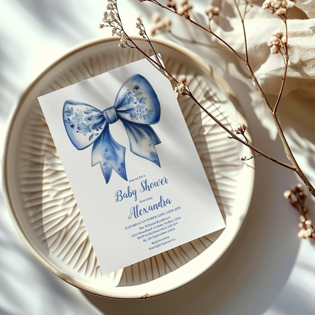 Invitation Aquarelle Boy Ribbon Dusty Blue Bow (Créateur téléchargé)