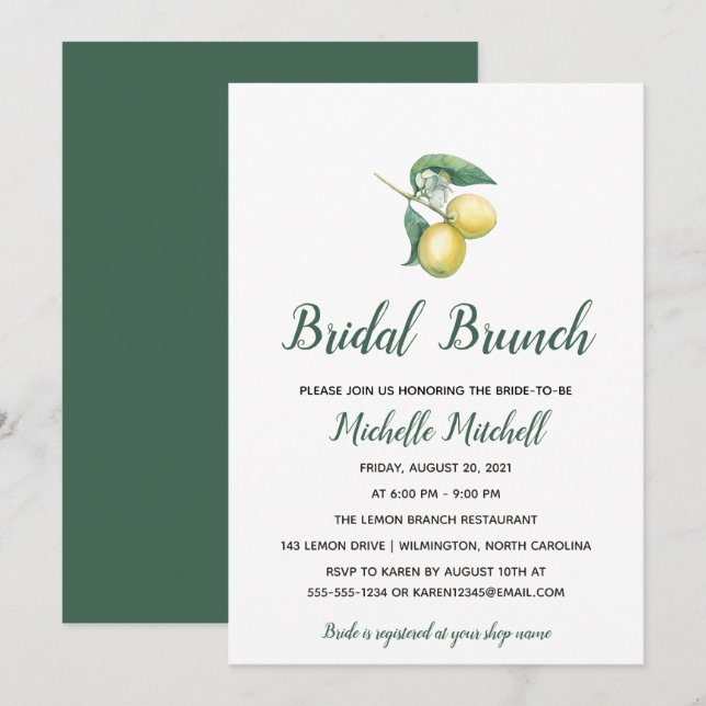 Invitation Aquarelle Branche de citronnier | Brunch nuptial (Devant / Derrière)