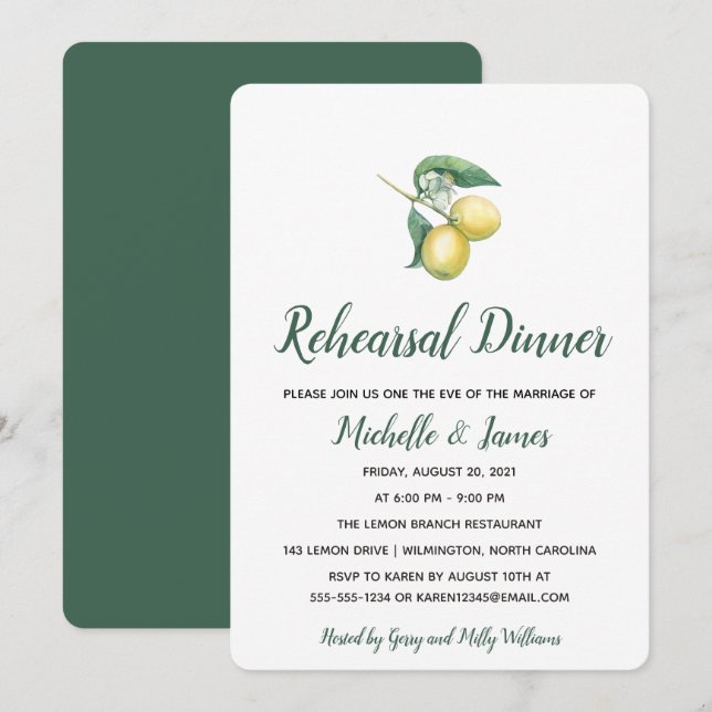 Invitation Aquarelle Branche de citronnier | Dîner de répétit (Devant / Derrière)