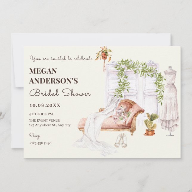 Invitation Aquarelle Bride chambre robe nuptiale douche (Devant)