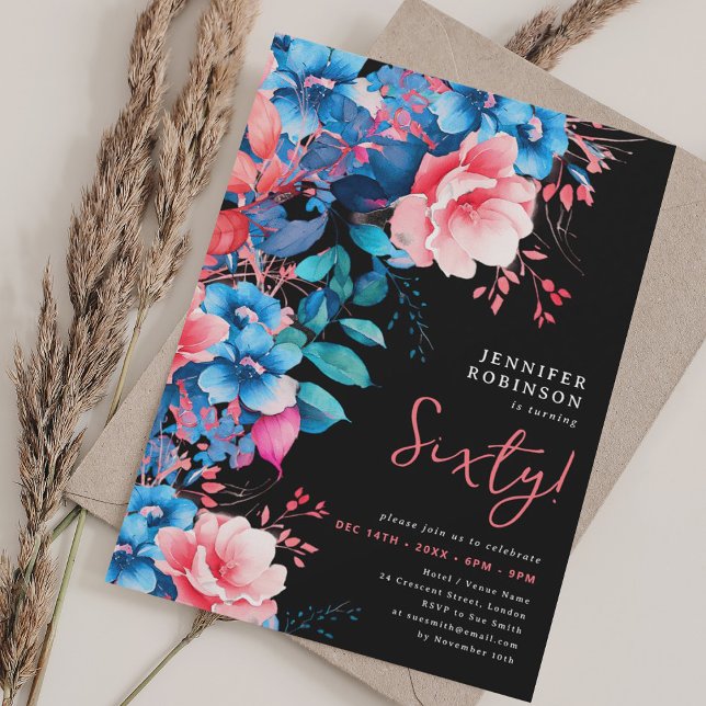 Invitation Aquarelle brillante Florale 60e anniversaire Noir (Bright Watercolor Floral 60th Birthday Black Invitation)