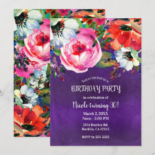 Invitation Aquarelle brillante Florale pourpre fête d'anniver