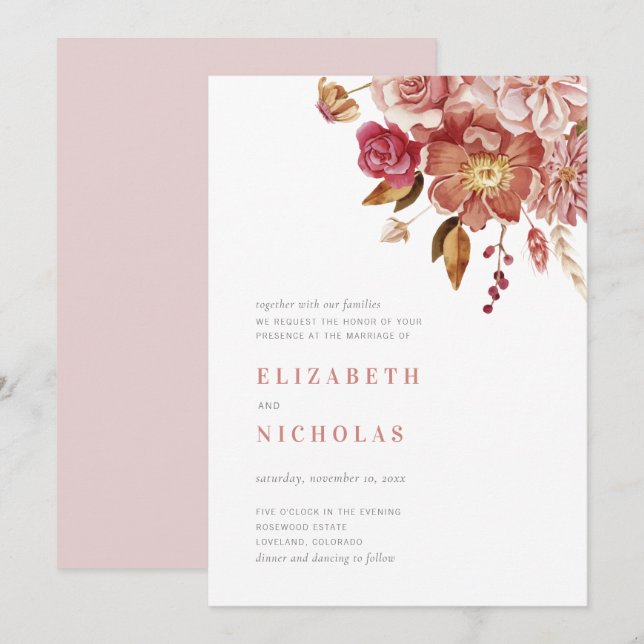 Invitation Aquarelle brillante Mariage floral (Devant / Derrière)