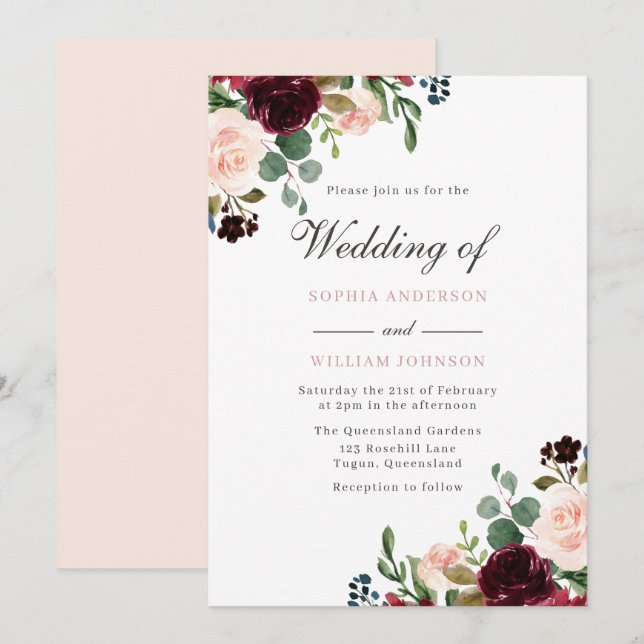 Invitation Aquarelle Brousse & Bourgogne Florale Mariage élég (Devant / Derrière)