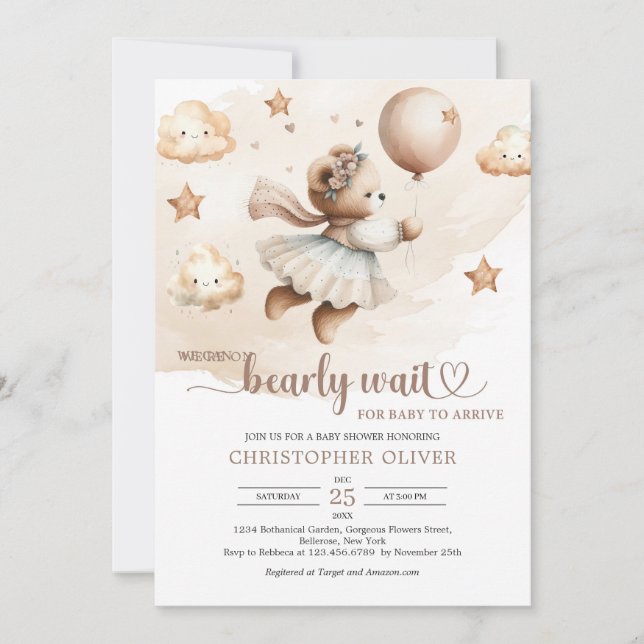 Invitation Aquarelle brun ivoire peluche ours fille attendre (Devant)