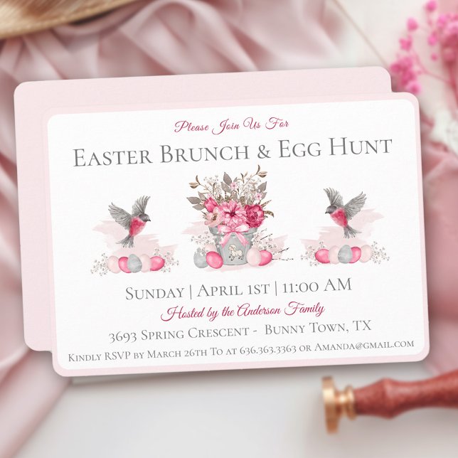 Invitation Aquarelle Brunch de Pâques Chasse aux oeufs Invita (Watercolor Easter Brunch Egg Hunt Pink Invitation)