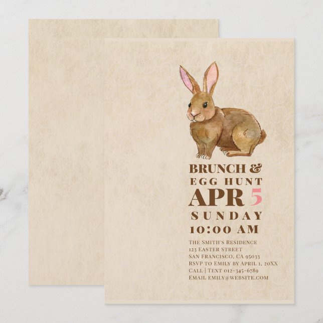 Invitation Aquarelle Brunch de Pâques et chasse aux oeufs (Devant / Derrière)