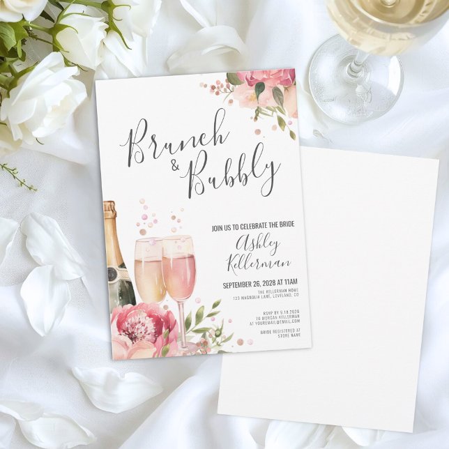 Invitation Aquarelle Brunch Et Fête des mariées Florale Bubbl (Watercolor Brunch And Bubbly Floral Bridal Shower Invitation)