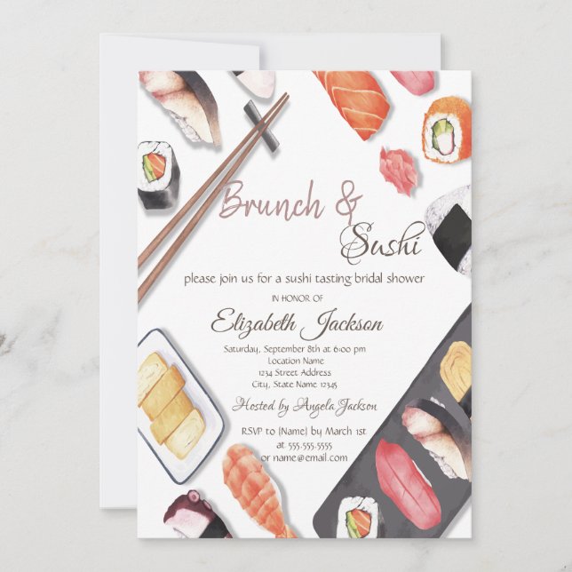 Invitation Aquarelle Brunch & Fête des mariées Sushi (Devant)