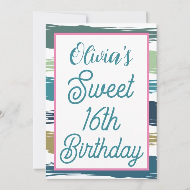 Invitation Aquarelle Brush Strokes Sweet 16 Anniversaire (Devant)