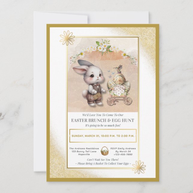 Invitation Aquarelle Bunny Pâques Brunch & Chasse aux Oeufs F (Devant)