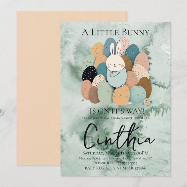 Invitation Aquarelle Bunny Pâques Pastel Baby shower aux oeuf (Devant / Derrière)