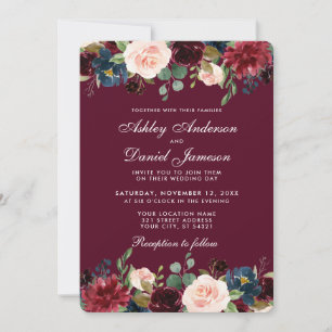 Invitation Aquarelle Burgundy Bleu Floral Élégant Mariage WB