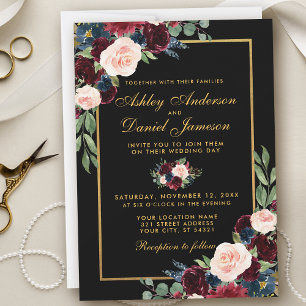 Invitation Aquarelle Burgundy Bleu Floral Noir Mariage Or