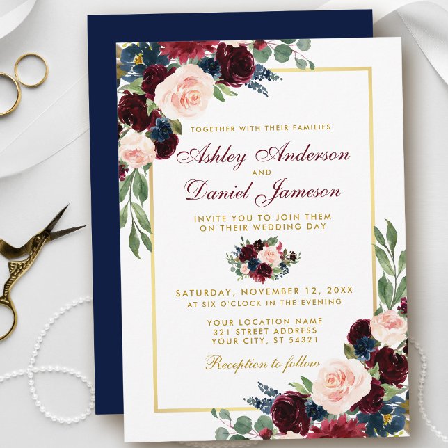 Invitation Aquarelle Burgundy Bleu Floral Or Mariage B (Customize to change text color, style, add text & photos to back or change color of back of card.)