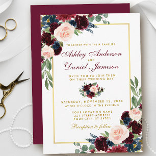Invitation Aquarelle Burgundy Bleu Floral Or Mariage BG