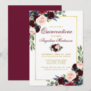 Invitation Aquarelle Burgundy Bleu Floral Quinceanera Or