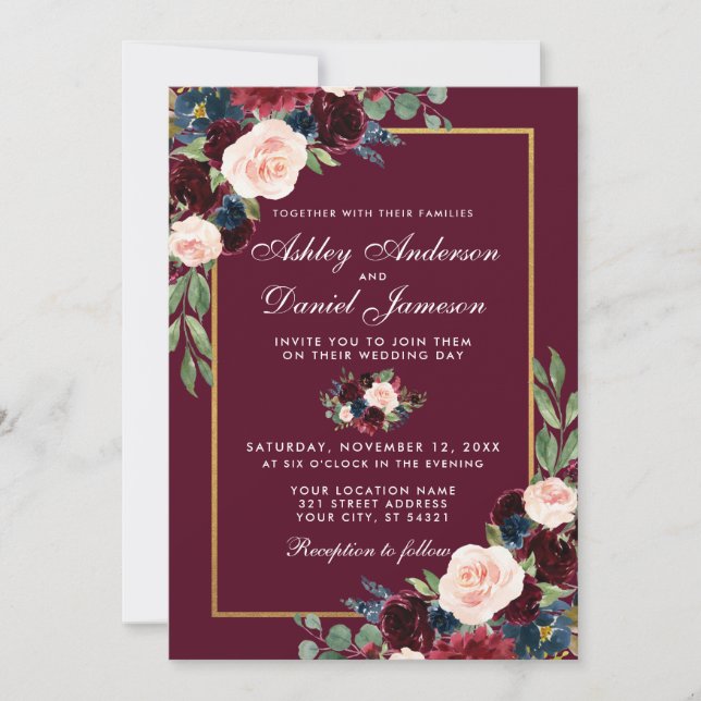 Invitation Aquarelle Burgundy Blue Floral Gold Frame Mariage (Devant)