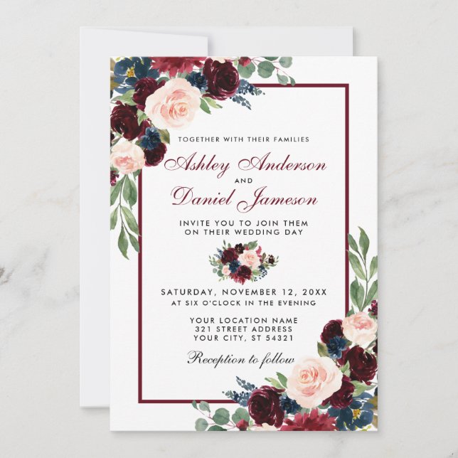 Invitation Aquarelle Burgundy Blue Floral Mariage (Devant)