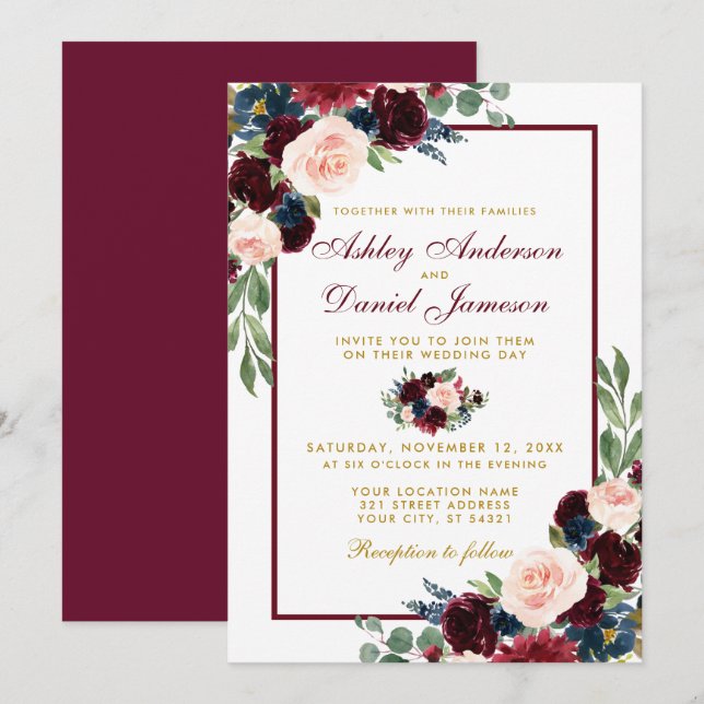 Invitation Aquarelle Burgundy Blue Floral Mariage B (Devant / Derrière)
