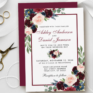 Invitation Aquarelle Burgundy Blue Floral Mariage B