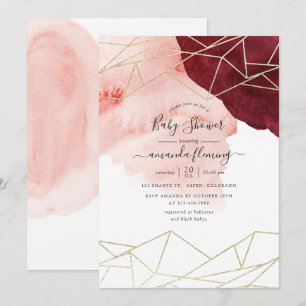 Invitation Aquarelle Burgundy Blush Baby shower géométrique