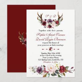 Invitation Aquarelle Burgundy Blush Floral Antlers Mariage
