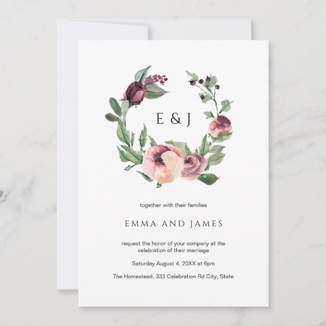 Invitation Aquarelle Burgundy Blush Floral Wreath Mariage (Devant)