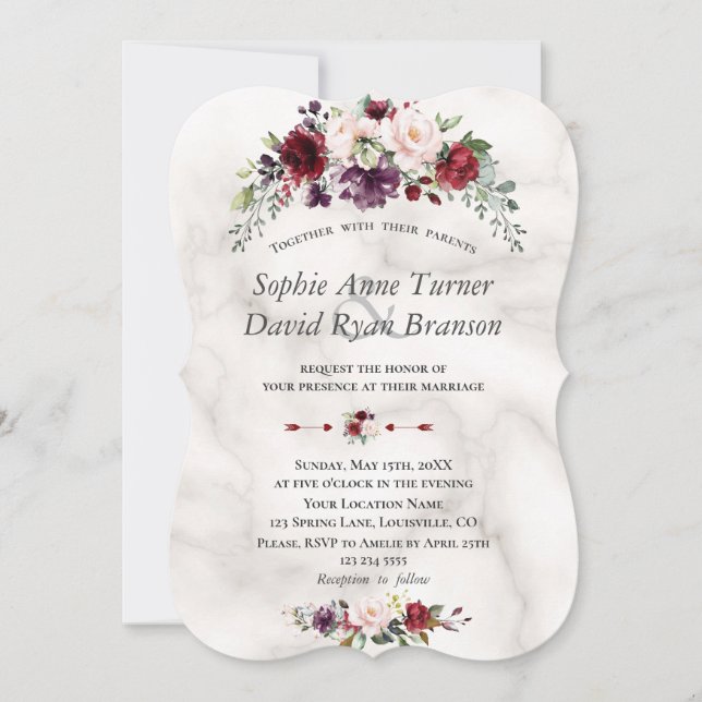 Invitation Aquarelle Burgundy Blush Flowers Marbre Mariage (Devant)