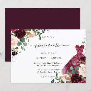 Invitation Aquarelle Burgundy Blush Robe Florale Quinceanera