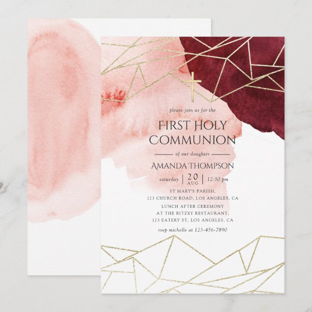 Invitation Aquarelle Burgundy Broussaillée Géométrique Sainte (Devant / Derrière)