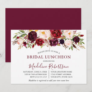 Invitation Aquarelle Burgundy Floral Bridal Luncheon