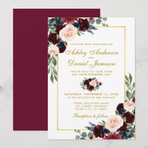 Invitation Aquarelle Burgundy Gold Blue FlorMariage