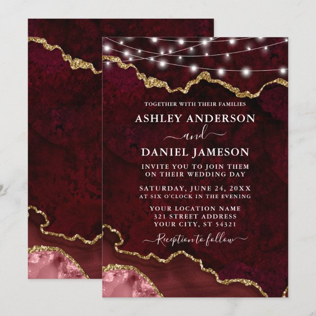 Invitation Aquarelle Burgundy Marble Géode Mariage (Devant / Derrière)