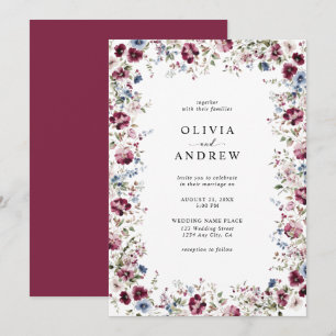 Invitation Aquarelle Burgundy Marine Bleu Floral Mariage