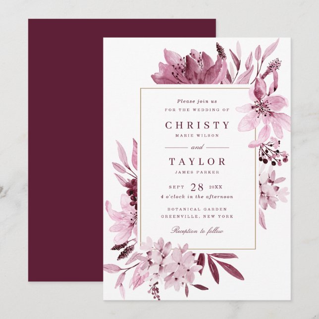 Invitation Aquarelle Burgundy moderne Mariage Floral (Devant / Derrière)