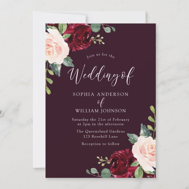 Invitation Aquarelle Burgundy profonde Mariage floral (Devant)