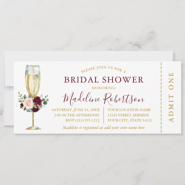 Invitation Aquarelle Burgundy Rose Floral Douche Billet (Devant)