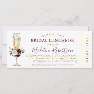 Invitation Aquarelle Burgundy Rose Floral Luncheon Billet