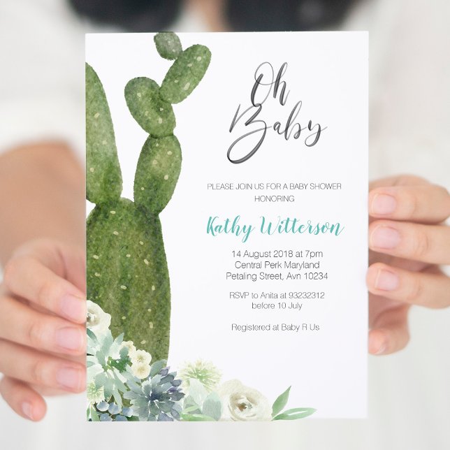 Invitation Aquarelle Cactus Baby shower neutre pour les femme (Créateur téléchargé)