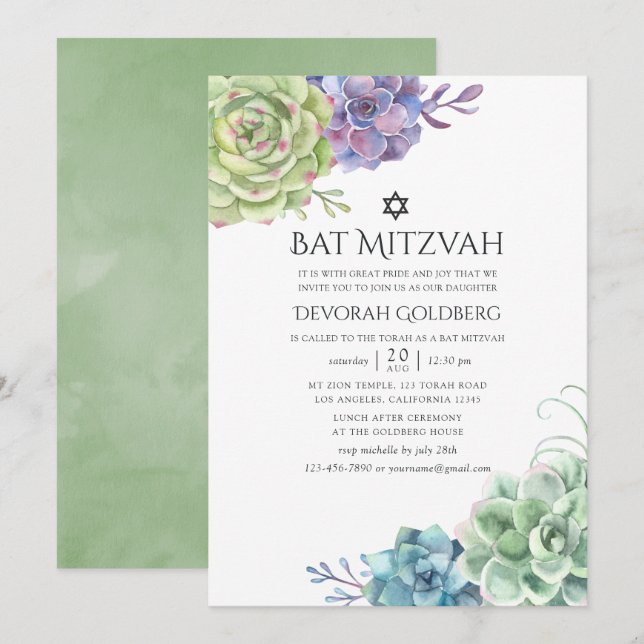 Invitation Aquarelle Cactus Bat mitzvah de succulents (Devant / Derrière)