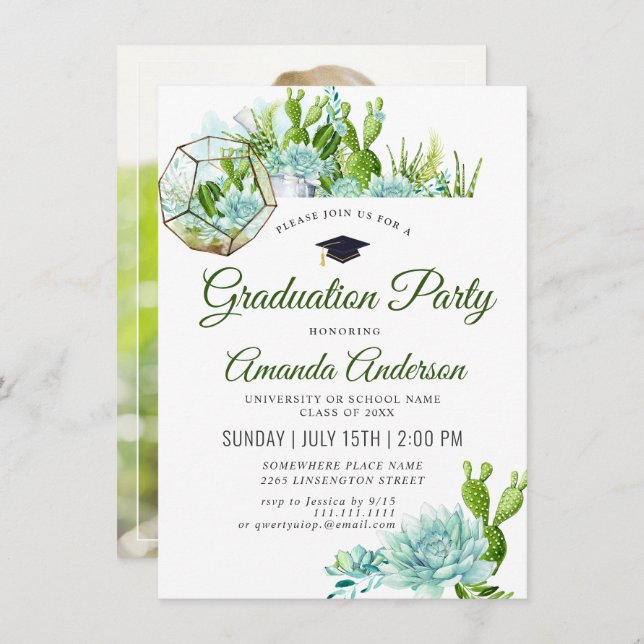 Invitation Aquarelle Cactus Eucalyptus (Devant / Derrière)