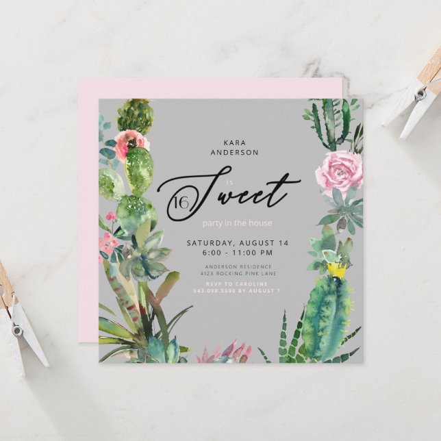 Invitation Aquarelle Cactus rose et gris doux 16 Anniversaire (Devant/Arrière en situation)