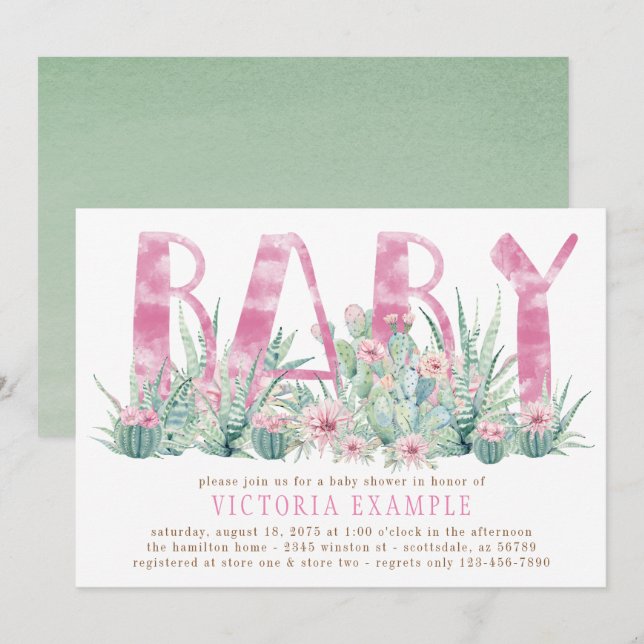 Invitation Aquarelle Cactus Succulent bébé fille douche (Devant / Derrière)