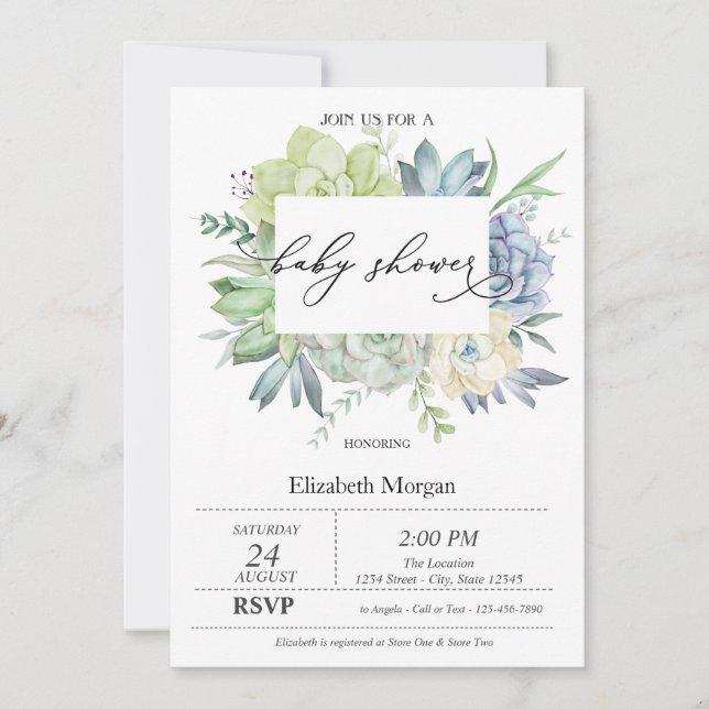 Invitation Aquarelle Cactus Succulents Points Baby shower (Devant)