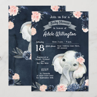 Invitation Aquarelle cadeau éléphant Floral Navy rose bébé