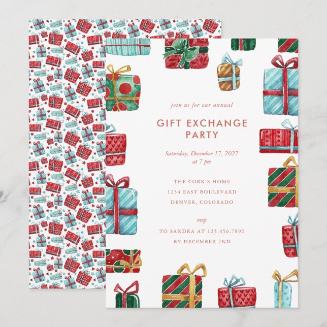 Invitation Aquarelle cadeaux Noël échange cadeaux (Devant / Derrière)